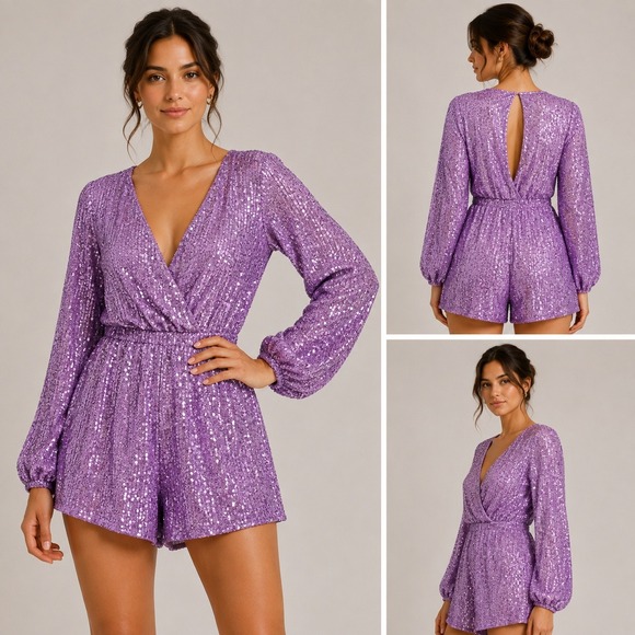 VENUS Pants - Venus Sequin Romper Womens Medium Purple Excellent Deep V-Neck Balloon Sleeve